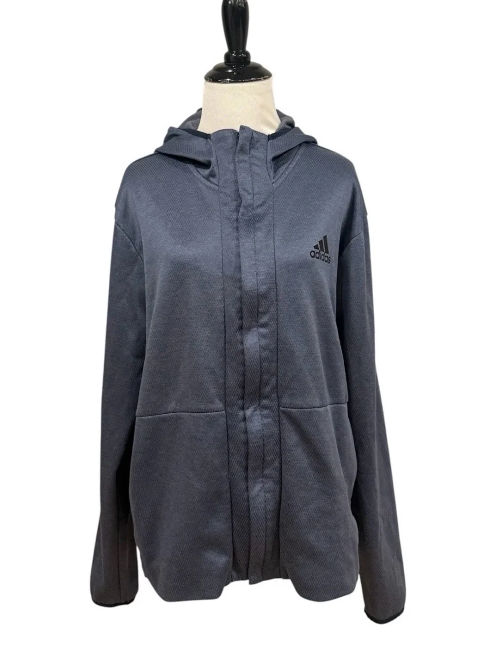 Adidas Men’s Large Blue Textured Full Zip Hooded Athletic Jacket Hoodie